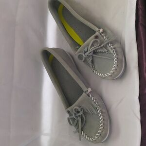 Minnetonka light blue suede moccasins size 9.5